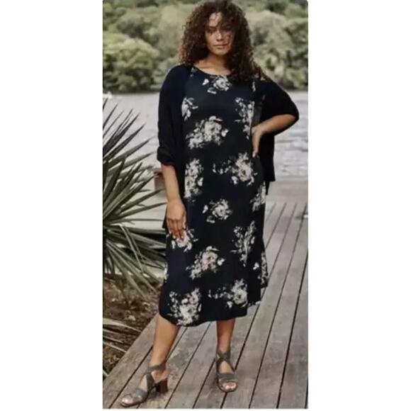 J.Jill Dress Womens Small Petite Black Pink Floral Print Midi - Picture 1 of 8
